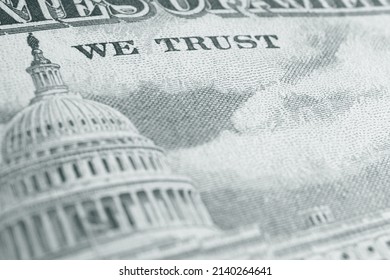 American Paper Money Background. Fragment Of Reverse Of $50 Bill Showing The Capitol. US Banknote. Black And White. We Trust. Public National Debt And The USA Dollar. Bonds And Treasurys. Macro