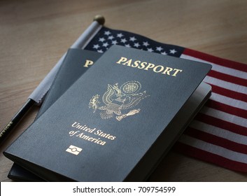 American Passport Flag And Wood As Background