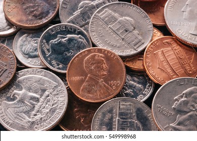 American Penny Money And Coins Including Quarters, Nickels And Dimes