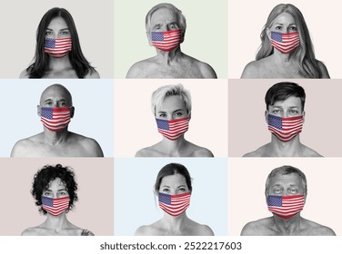 American people wearing face masks during coronavirus outbreak. American people wearing face masks with USA flag. People covering faces with American flag, election time in USA. Masked people. - Powered by Shutterstock