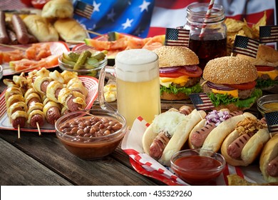 American  Picnic Table  With Burgers And Hot Dogs For Holiday 4th Of July 