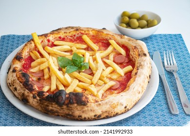 American Pizza With French Fries And Sausages