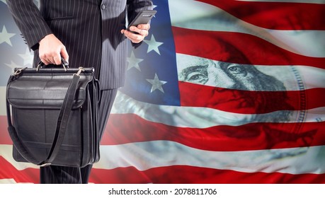American political lobbyist. He labors interests US corporations. Promotion corporate interests in US parliamentary concept. Business lobbying in America. Businessman on background of American flag