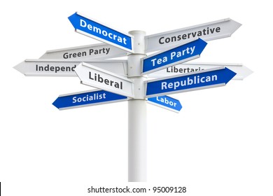 American Political Parties On A Crossroads Sign: Democrat, Republican, Conservative, Tea Party, Libertarian, Labor, Green, Independent, Liberal, Socialist