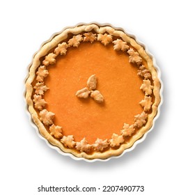 American Pumpkin Pie Decorated Homemade Cookies As Oak Leaves Isolated On White Background. Thanksgiving Day Traditional Food.