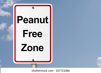 An American Road Sign With Sky Background And Copy Space For Your Message, Peanut Free Zone