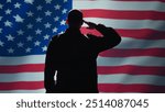 American soldier doing saluting hand gesture towards USA flag in command center, showing respect. Military unit in uniform serving in United States Armed Forces, doing patriotic gesturing, camera B