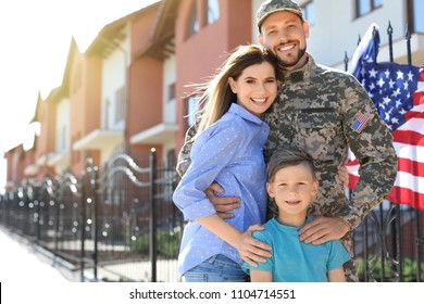 American Soldier With Family Outdoors. Military Service