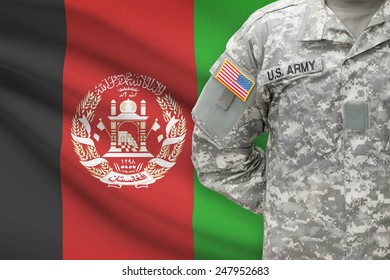 American Soldier With Flag On Background - Afghanistan