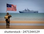 American soldier with American flag on d-day (dday or d