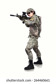 American Soldier With Rifle  On White Background