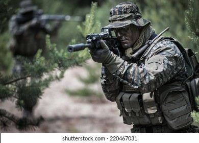 American Soldiers During Patrol, Dressed In Tiger Stripe Camouflage