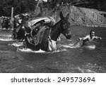 American soldiers lead pack mules through a swift river enroute to Bhamo, Burma. The Mule skinners were attached to 2nd Battalion, 475th Infantry, Mars Task Force, during World War 2. Nov. 17, 1944.