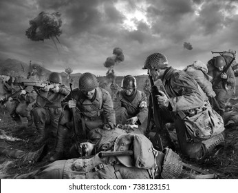 American soldiers on Field of Second World War Battle. Explosion on a background (black and white)