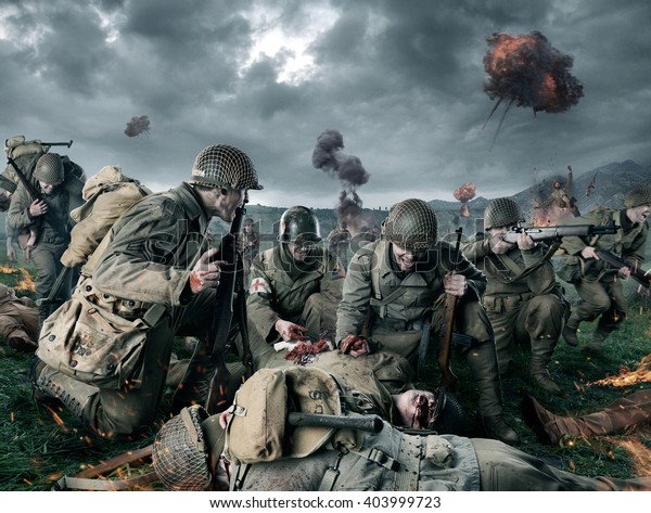 American soldiers on Field of Second World War\
Battle. Explosion on a\
background