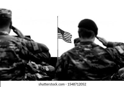 American Soldiers Saluting US Flag. US Army. US Troops. Military Of USA. Veterans Day