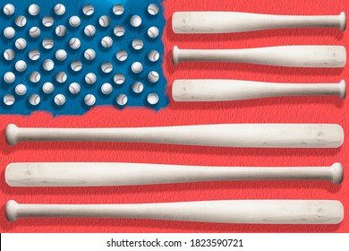 American sports and athletics concept with american flag made up of baseball bats and balls where each bat replaces a white stripe and each ball replaces a star on paint background - Powered by Shutterstock