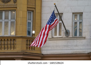 American Stars and Stripes flag on the building. Embassy of the United States of America, Moscow - Shutterstock ID 1681528624