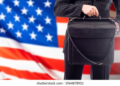 American in suit politician. Man politician in suit on background of USA flag. American flag symbolizes political life in America. Business partnership with USA. Cooperation with American authorities