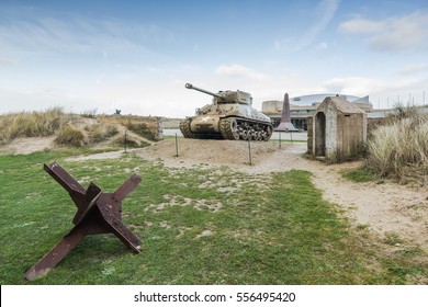 American tank on Utah Beach, Normandy invasion landing memorial - Shutterstock ID 556495420