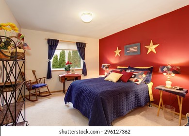 American Themed Guest Bedroom With Red White And Blue Decor.