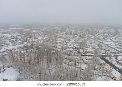 American Town Small In New Jersey With House Complexwith Snow Covered Roof During Snowstorm Winter Snowfall