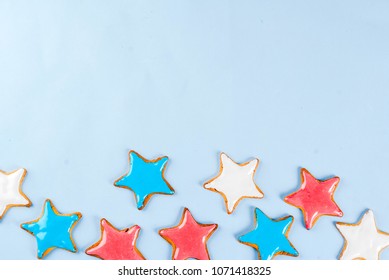 American USA Independence Day Background Concept, Star Cookies Blue, Red, White, July 4,light Blue Background Copy Space