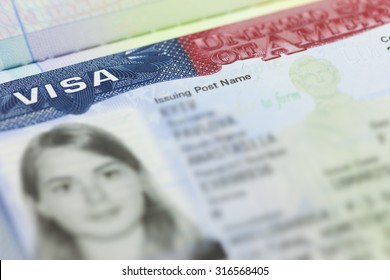 The American Visa In A Passport Page (USA) Background - Selective Focus