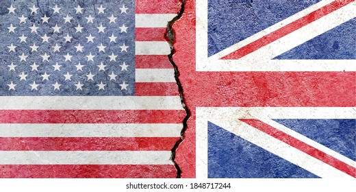 American VS British National Flags Symbol Isolated On Weathered Broken Cracked Wall Background, Abstract USA UK Politics Economy Divided Conflicts Concept Texture Wallpaper