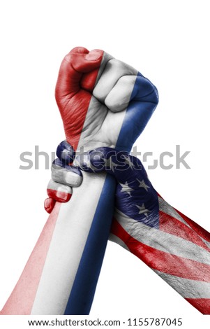 AMERICAN VS Yugoslavia, Fist painted in colors of Yugoslavia flag, fist flag, country of Yugoslavia