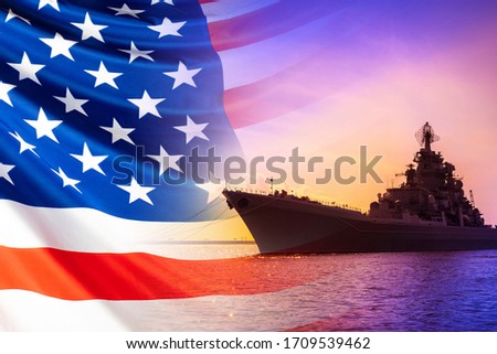 American warship. America's Navy. Ship on the background of the American flag. Naval forces of the United States. us Navy. Russian-style ship against the background of the sunset and the American flag.