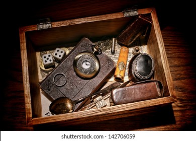 American West legend western pioneer memorabilia and souvenir collection with old bible and antique pocket watch with everyday object in a vintage keepsake wood box