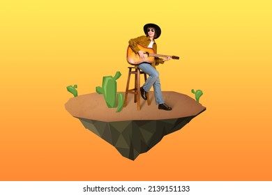 American western poster with cowboy girl wear hat lasso horse shoes sunglass sitting chair on desert island among painted cactus folklore traditions concept - Shutterstock ID 2139151133