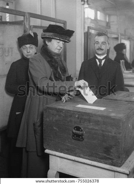 American woman votes, ca. 1920. The 1920\
election was the first time all American female citizens over 21\
were able to vote for a U.S.\
President.