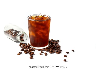 Americano ice coffee and coffee bean out of bottle on white background with isolate concept. - Powered by Shutterstock