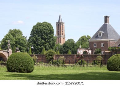 Amerongen, Netherlands- May 22, 2022: view of Amerongen church from park Amerongen castle, Netherlands