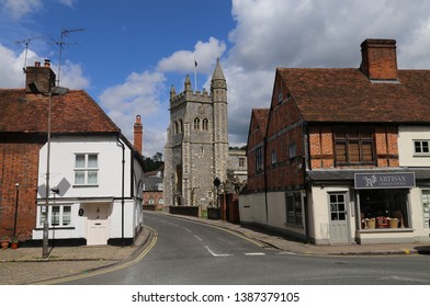 Amersham, Buckinghamshire, England, UK. April 26, 2019.  A view down the street towards St. Mary's Parish Church.