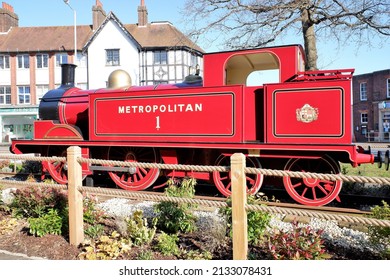 Amersham, Buckinghamshire, England, UK - March 7th 2022: Replica Of A Metropolitan Railway Stream Train In Amersham Town Centre