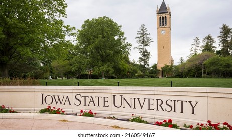 Ames, IA - May 22, 2022: Iowa State University college campus entrance sign with Campanile tower in background