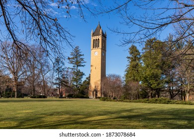 Ames, IA, USA - December 4, 2020: The Iowa State University Campanile housing the Edgar W. and Margaret MacDonald Stanton Memorial Carillon