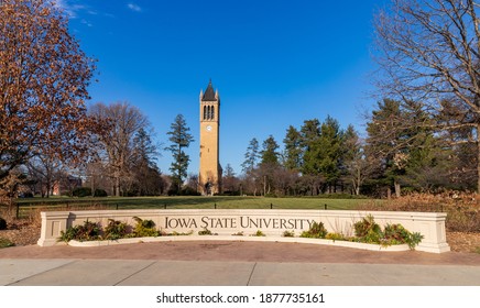 Ames, IA, USA - December 4, 2020: Iowa State University sign in front of the campanile