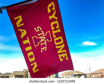 Ames, Iowa, USA- 11/2018:  Iowa State University Flag At Residential House.