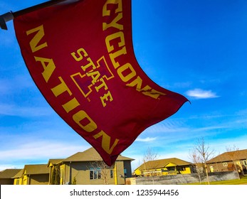 Ames, Iowa, USA- 11/2018:  Iowa State University Flag At Residential House.