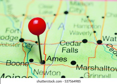 Ames pinned on a map of Iowa, USA
