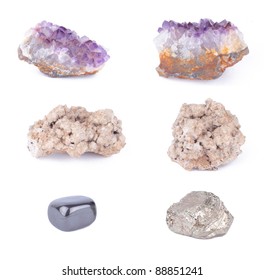 Amethyst, Cave Rock, Onyx, Pyrite Set On White Background