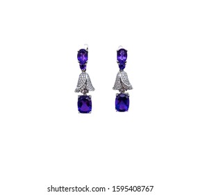 Amethyst Earring With  Silver Dimond Isolate On A White Background-Image