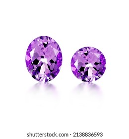 Amethyst Gem Stone Round And Oval Cut On White Background Isolate