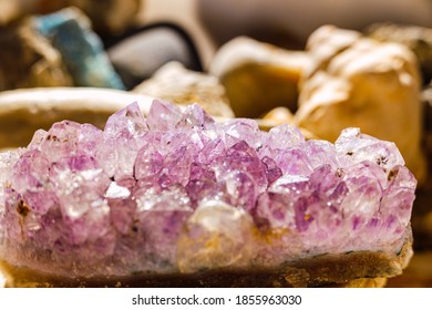 Amethyst Rock On The Table Of A Geology Student.