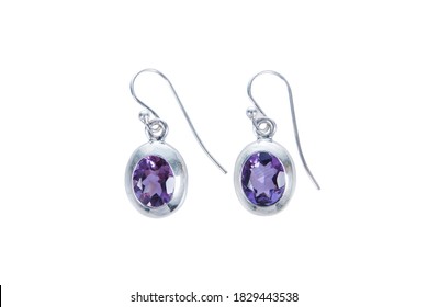 Amethyst Silver Earring Isolated On White Background. Round Violet Sapphire Silver Earring With Hook Isolated 