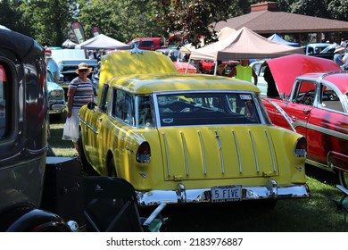 Amhurstburg, Ontario, Canada - July 30 2017: 1955 Yellow Chevy Nomad Wagon At A Public Car Show